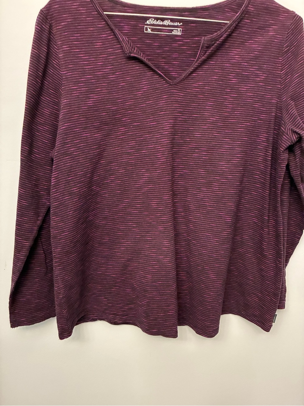 Eddie Bauer Striped V-Neck Long Sleeve Shirt - Berry